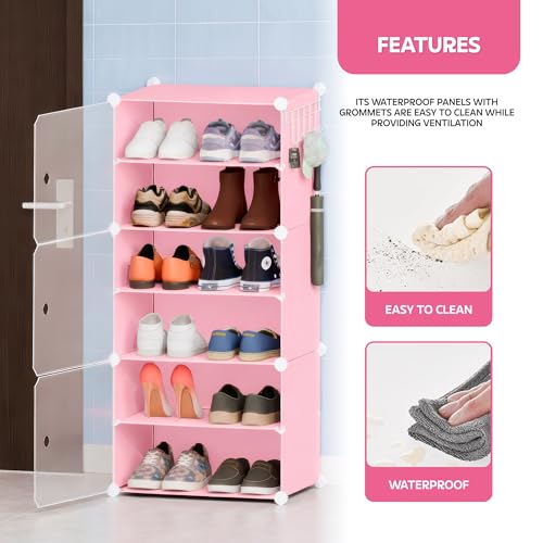 Image of amazon basics DIY Foldable Shoe Rack | 6 Layer Plastic Shoes Rack with Door Cover | Multipurpose Stand for Home & Entryway Pink
