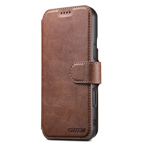 Étui iPhone 15 Plus marron en cuir avec portefeuille détachable et clapet magnétique pratique