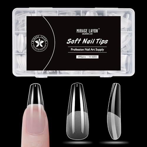 Long Coffin Fake Nails 495 PCS, 15 Sizes FLEXRESIN Core Press On Tips, Matte Finish Anti-Peeling Extension Kit