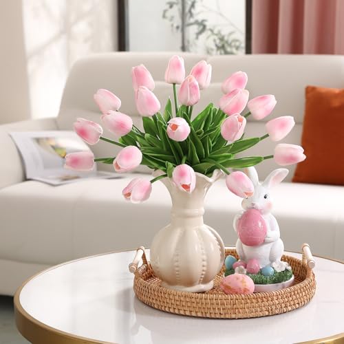 Image of Pink Fake Tulips Artificial Flowers - 24 Pcs Artificial Silk Pink Tulips Faux Flowers with Stems for Home Wedding Hotel Office Centerpiece Decor