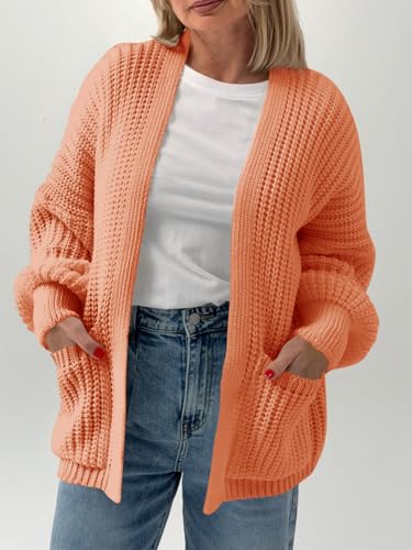 Saodimallsu Womens Oversized Open Front Cardigan Chunky Ribbed Knit Lantern Sleeve Fall Sweater Coats with Pockets Orange - image 3