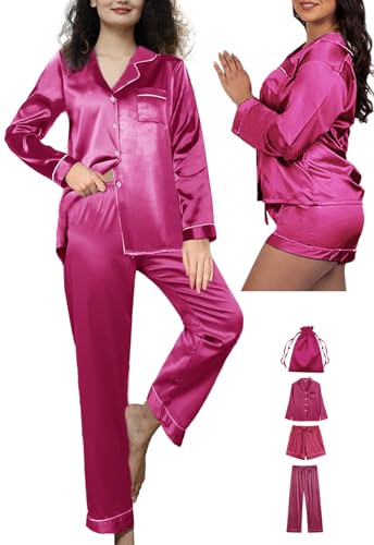 Image of WJing Yi Jia 4Pcs Womens Silk Pajamas Set XS-XXL Satin Pajama Sets for women Silky Pj Set Sleepwear Pjs Nightwear Loungewear