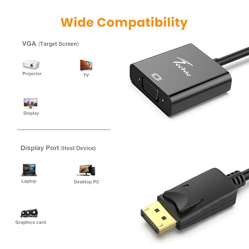 Image of Techie DisplayPort (DP) to VGA Converter | Full HD 1080p 60Hz | Plug & Play DP to VGA Cable for Laptop, PC, Projector & Monitor | Compact, Durable ABS Design - Black