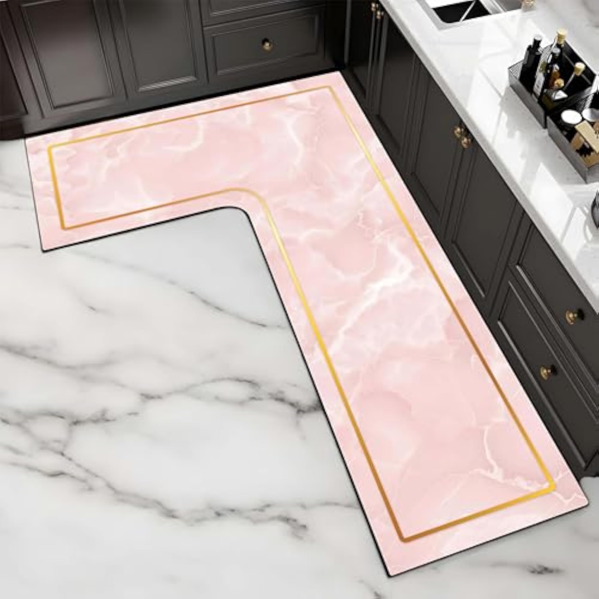 L Shape Kitchen Floor Mat, Pink Marble Design