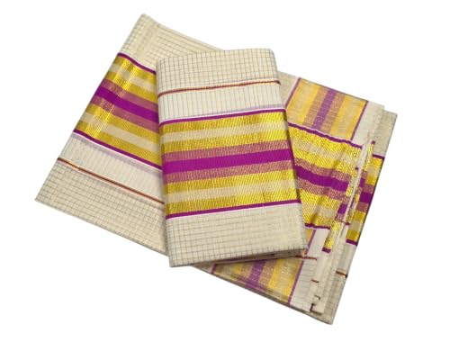 Image of Womens Kuthampully Set Mundu With Golden & Stripes Kara