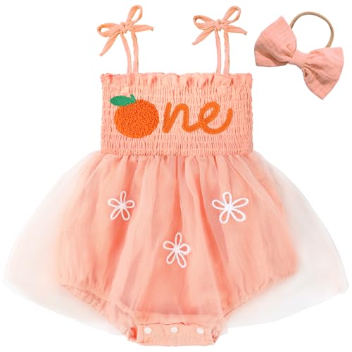 HONGTEYA Baby Girl 1st Birthday Outfit Girl First Birthday Clothes One Year Old Gifts Romper Tulle Summer Newborn Dress Orange