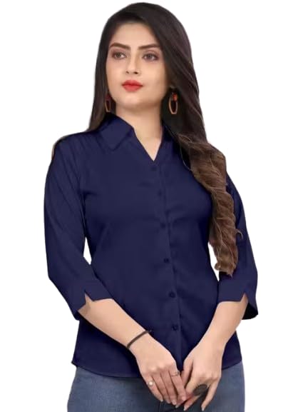Women’s Cotton Blend Solid Formal Shirt with 3/4 Sleeves-Navy Blue P4-picture-14