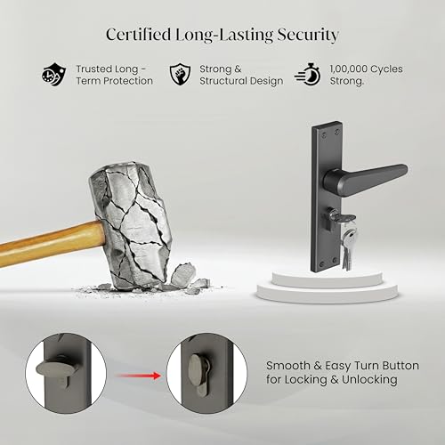 Image of LAPO Mortise Door Lock for Home Main Door & Bedroom with Handle | 45x45mm Body | Heavy-Duty 60mm Cylinder | 3 Brass Keys | Left-Right Fit 30-50mm Door Home Office Hotel | Black Finish | CY-164