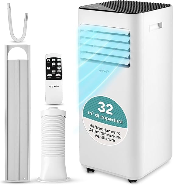 SereneLife Aire Acondicionado Portátil 7000 BTU, Climatizador Móvil 3 en 1 con Ventilador y Deshumidificador, Evacuación Incluida, Kit para Ventana, Silencioso 54 dB, Ideal para Casa u Oficina