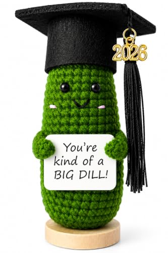 Graduation Gifts 2026 for Her & Him Funny Handmade Crochet Graduation Pickle with Cap 2026 Charm & Wooden Stand Cute Class of 2026 Senior Gift for High School College Grad Big Dill Congrats Gift