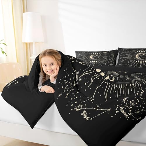 Image of Feelyou Sun and Moon Printed Comforter Set Boho Exotic Decor Bedding Set for Kids Boys Girls Galaxy Astrology Comforter Bohemian Gray Black Soft Quilt Set with 2 Pillowcases 3Pcs Bedding King