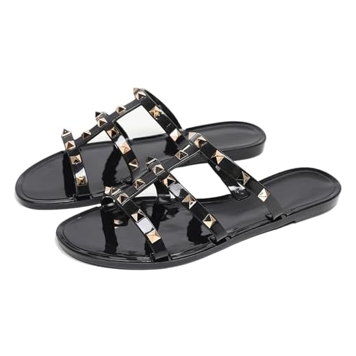 Libbook Sandálias femininas com tachas de gelatina, sapatilhas, sem cadarço, vestido feminino, preto, geléia, verão, praia, com rebites, bico aberto, Preto, 11 Women/10 Men