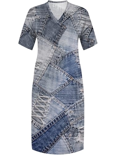 Image of SUZONANA Plus Size Dresses for Women Casual Denim Print V Neck Short Sleeve Maxi Dress Trendy Jean Ripped Streetwear Long Curvy Fashion Party Sundress