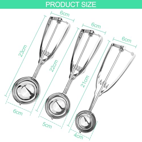 3 Pezzi Cucchiaio per Gelato, Porzionatori da Gelato in Acciaio Inox, Paletta per Gelato con Grilletto, Dosatore Gelato per Gelato 4 cm, 5 cm, 6 cm per Palla Gelato, Cottura, Palla Melone - immagine 3