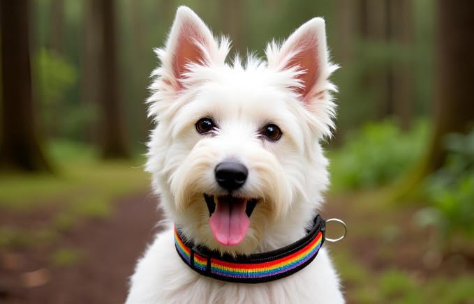BUDDYPACK-Halsband Extra-Breit & Weich mit Neopren-Polster für Kleine und Große Hunde (Regenbogen auf Schwarz, S)