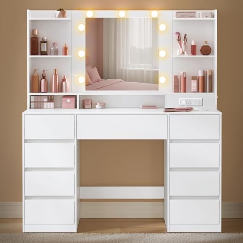VASAGLE Kailyn Collection - Vanity Desk with Mirror and 9 LED Bulbs, Vanity Makeup Table with Power Outlets, Dressing Table with 9 Drawers, for Bedroom, Cloud White URDT141WB01S 43.3"W 9 Dra