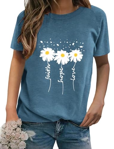 EADINVE Women Crewneck Daisy Print Short Sleeve T-Shirts Summer Faith-Hope-Love Tees Loose Fit Graphic Tops 2025