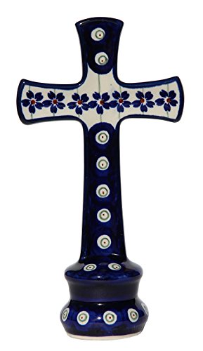 Polish Pottery Cross From Zaklady Ceramiczne Boleslawiec #1792-166a Floral Peacock Pattern, Dimensions: Height: 7