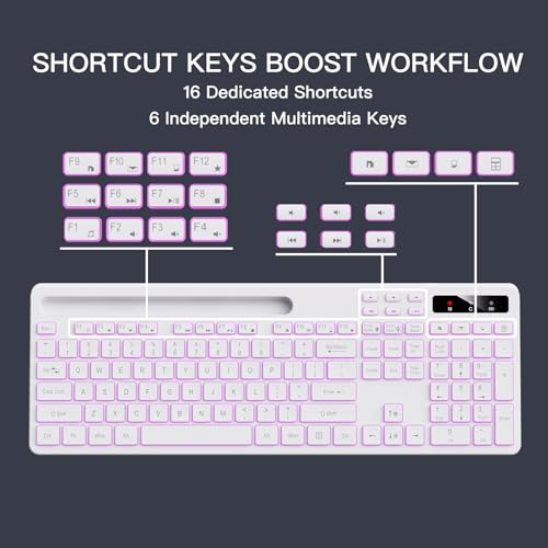 Image of Soueto Wireless Keyboard with 7-Color RGB Backlit, Full-Size Computer Keyboard with Phone Tablet Holder, 2.4G Rechargeable Gaming Keyboard with Light Up Keys, Compatible with Mac, Windows (White)