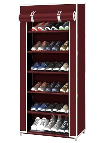 Image of OBBO Multipurpose 6-Shelf Shoe Rack with Zip Cover & Side Pockets | Dustproof, Space-Saving Storage Organizer for Shoes, Clothes & Toys | Durable Plastic Rack for Home & Entryway - Maroon