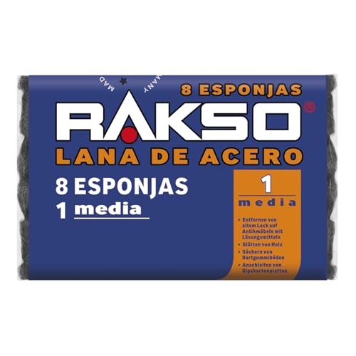 RAKSO Lana de acero medio 1-8 almohadillas, alisa la madera, elimina la pintura vieja de muebles antiguos, limpia suelos de caucho duro