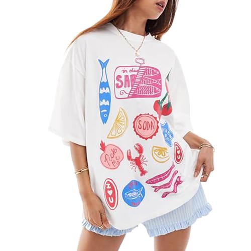 Women Y2k Oversized Summer Tops Cute Fruit Loose Fit Vintage T Shirts Crew Neck Aesthetic Graphic Short Sleeve