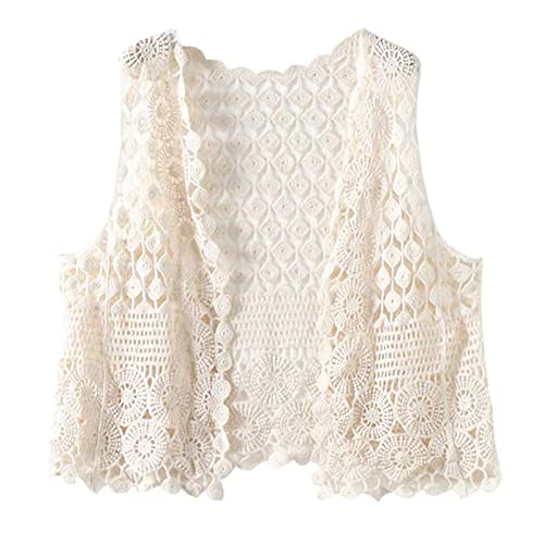 Women Crochet Sleeveless Vest Waistcoat Hollow Knit Geometric Cardigan for Jacke Beige