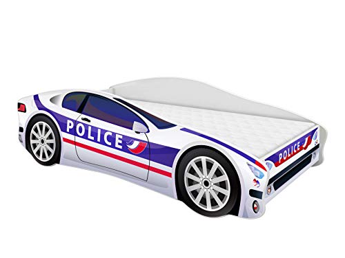 ACMA Lit Junior Voiture de Police 160×80 avec Matelas + Sommier | Lit Voiture Garçon | Couchage Junior Design Auto
