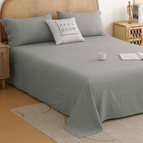 Image of Story@Home Linen King Size Bedsheet Cotton Textured Flat Sheet with 2 Pillow Covers Super Soft Bed Sheet for King Size Bed | 300 TC Solid Pattern | 250 x 270 cm | Charcoal Grey