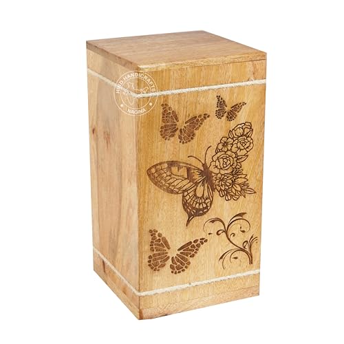 Image of Floral Engraved Wooden Urn for Human Ashes Adult - 250 Cu in Large Cremation Urn Box - Butterfly Design Funeral Memorial Urn - Solid Hardwood Burial Urn for Home or Columbarium