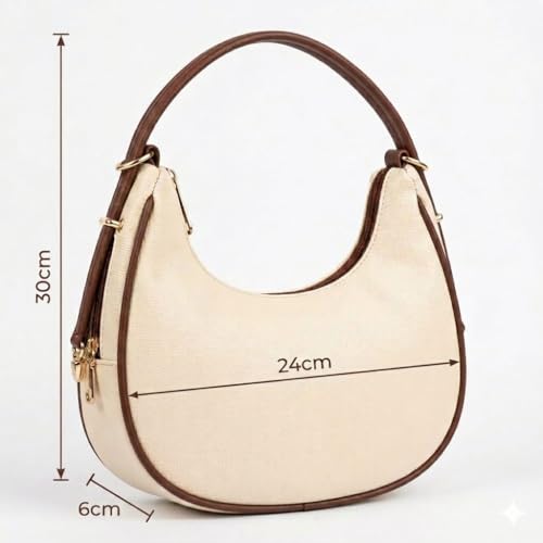Image of Crescent Hobo Handbag for Women, Cream with Brown Trim, Adjustable Strap, Reinforced Base, 24x30x6cm