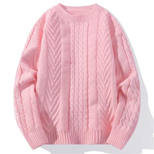 Men's Knitted Casual Sweater Round Neck Twists Weaving Pink Pullover Fashion Warm Tops2