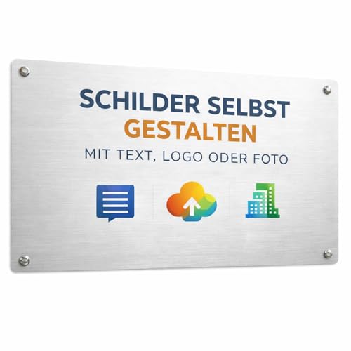 NOMIRO - Schilder selbst gestalten - personalisiertes Aluverbundschild Edelstahloptik mit Logo Text oder Bild - wetterfest UV beständig - Firmenschild Praxisschild Türschild Außen Innen