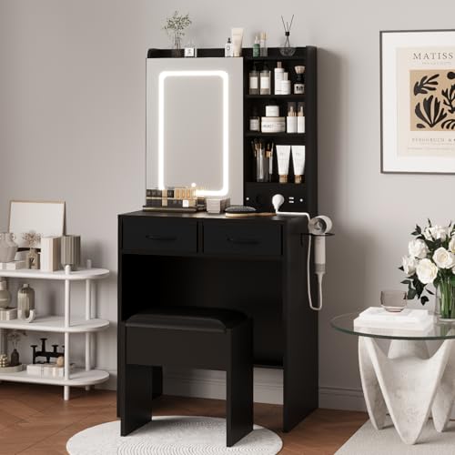 Garvee Coiffeuse avec Miroir Lumineux LED, Station De Charge, Tabouret De Rangement Rembourré, 3 Modes d'éclairage Et Nombreux Rangements pour La Chambre.Noir