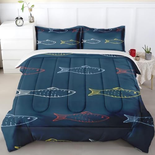 Comforter Set Full Size, Fish Nautical Animal Sea Bedding Set for Kids and Adults Bedroom Decor, Cute Ocean Fishing Comforter Set and Pillow Case