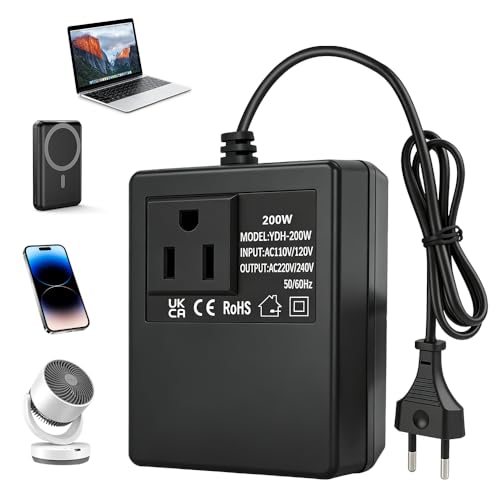 Wxeadu Convertidor de Voltaje 220V a 110V 200W, Convertidor de Transformador de Voltaje, Transformador Adaptador Reductor de Voltaje Adaptador Corriente de Viajetransformador Converter (Eu Plug)