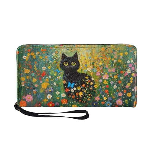 Women's Zip Around Wallet Wristlet PU Leather Waterproof Clutch Wallet Large Capacity Credit Card Holder Travel Business Dating Coin,Cash Pocket, Black Cat Floral Butterfly Green Print