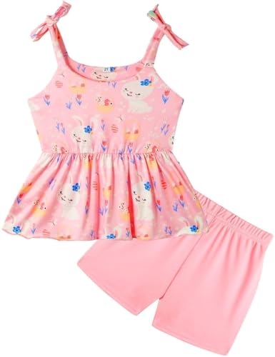 Image of Toddler Girls Clothes Summer Short Set Outfit Tie Knot Shoulder Sleeveless Ruffle Tops and Shorts 2PC Clothing Set