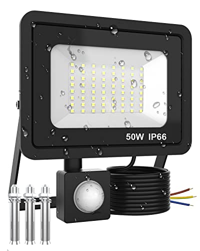 Projecteur LED Détecteur de Mouvement 50W, 5000LM Spot LED Extérieur, Étanche IP66 Projecteur Exterieur LED, 6000K Blanc Froid Projecteur LED Exterieur Detecteur de Mouvement Pour Cour, Garage,Patio
