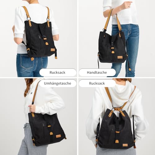 KONO Damen Rucksackhandtaschen Rucksack Canvas Handtasche 2 in 1 Vintage Damen Umhängetasche Verstellbare Schultergurte für Alltag Büro Schule Ausflug Einkauf(Schwarz)