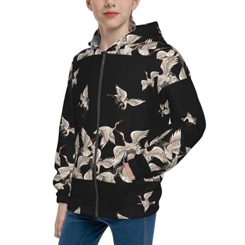 Japanese White Cranes Kids Pullover Hoodies Boys Zip Up Sweatshirts Girls Athletic Clothes with Pocket
