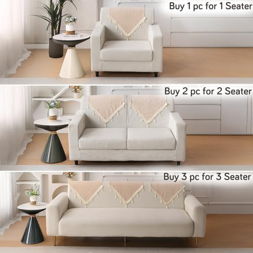 Image of HOKIPO 'Serenity Tassel' Chenille Sofa Back Cover with Tassels - 1 Pc Ivory Fringe (IN-894-BGE)