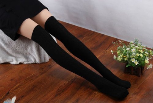 Change 1 Pair New Cotton Women Knit Over Knee Thigh Stockings Spiral Pattern High Socks (Black)
