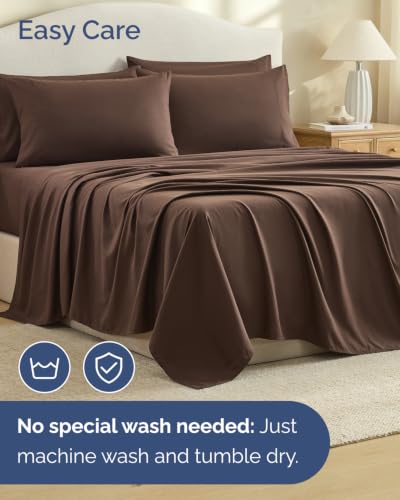 Image of Cal King 6 Piece Bed Sheet Set - Soft & Cooling Sheets - Chocolate Brown