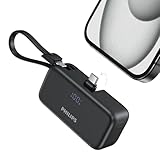 Philips (フィリップス) モバイルバッテリー 小型 4900mAh 軽量 iPhone 15 16 対応 折畳み式 USB-Cコネクター type-c ケーブル 内蔵 モバイル充電器 3台同時充電/パススルー機能/LEDディスプレイ PSE認証済 (ブラック)