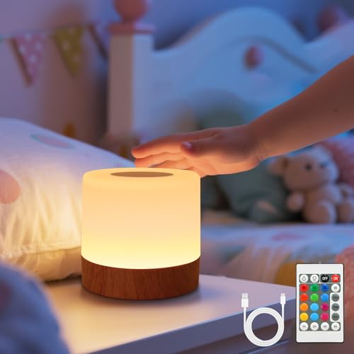 VKH Lampe de chevet LED RGB sans fil tactile et dimmable avec télécommande, veilleuse rechargeable USB pour chambre, lampe de table décorative – Modèle Rond Plat