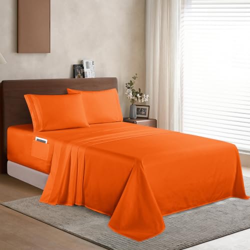 Image of Elegant Comfort Luxury 1500 Premium Hotel Quality Microfiber 4-Piece Sheet Set - Soft, All Around Elastic 18-24 Inches Deep Fitted Sheet - Extra Deep Pocket Sheets, Full, Elite Orange