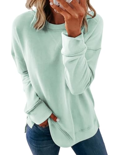 Dokotoo Womens Ladies Casual Long Sleeve Crewneck Sweatshirt Side Split Loose Fit Solid Color Basic Pullover Tunic T Shirts Tops Sweatshirts for Women 2025 Fashion Fall Light Blue Large