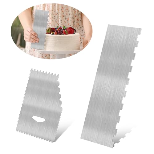 Mbsomnus 2 Stück Tortenschaber Kuchenschaber Edelstahl 22 x 7.8cm Tortenspachtel Zum Glätten mit Teigspachtel 2 in 1 Seitenschaber Kuchen Dekorieren Kamm für Kuchen Buttercreme Mousse Konditoreien DIY