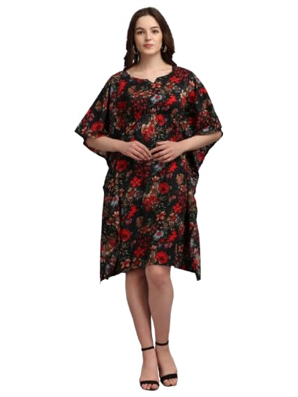 Women's Floral Print Kaftan Dress, Black and White, Batwing Sleeves, Knee Length-picture-51